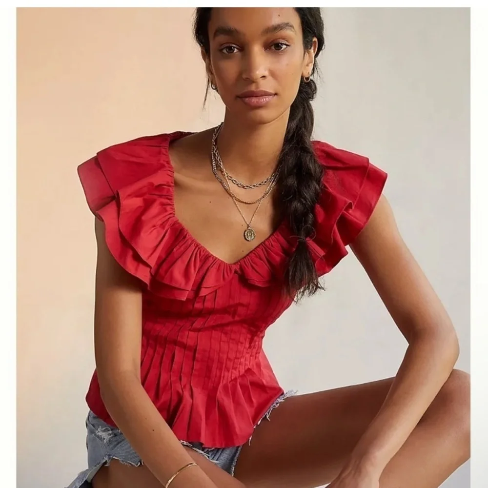 NWT Anthropologie Pintucked Ruffle Blouse by Forever That Girl - Picture 1 of 6